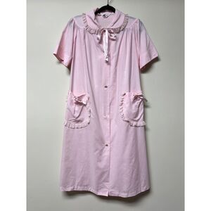 VTG - BASILA Vintage Soft Pink Lace Trim House Dress, Pockets, Sz L/XL*